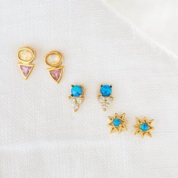 Opal Star Studs Blue opal Starburst Earrings North Star Studs Tiny Gold Studs - Picture 9 of 13